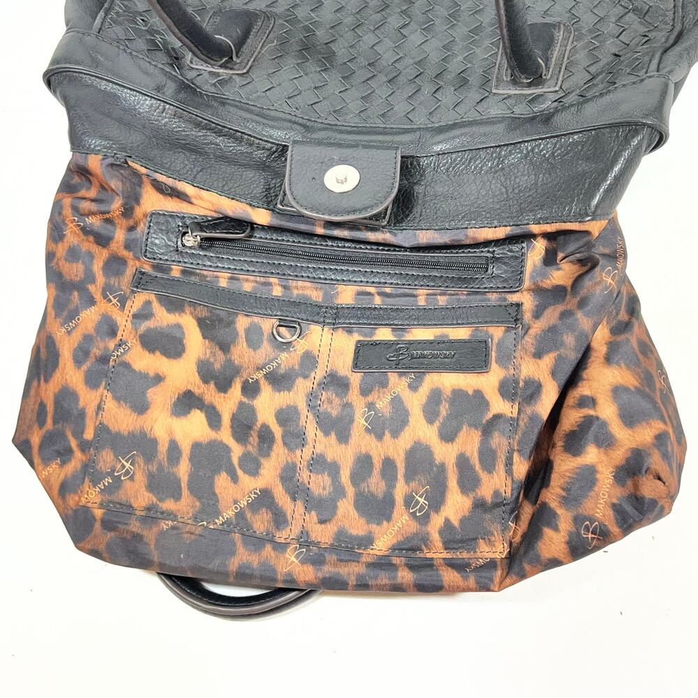B. Makowsky Shoulder Tote Bag Purse Black Woven Braided Leather Leopard Lining - Picture 9 of 12
